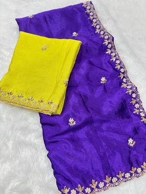 Royal zari embroidery work crunchy saree with blouse 5