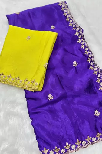 Royal zari embroidery work crunchy saree with blouse