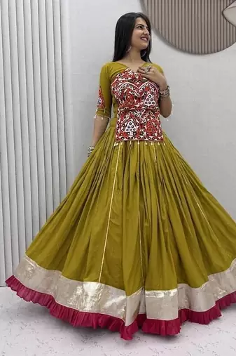 Mahendi Gamthi work And Mirror work Cotton Navratri Lahenga Choli Set