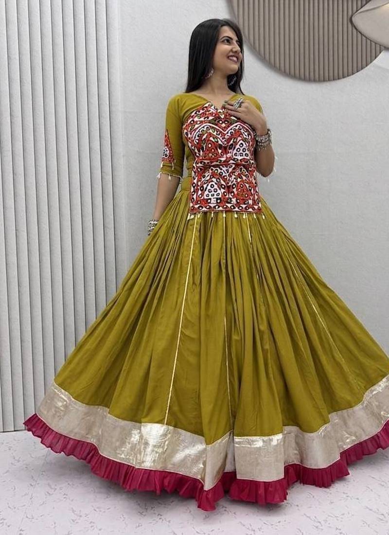 Mahendi Gamthi work And Mirror work Cotton Navratri Lahenga Choli Set