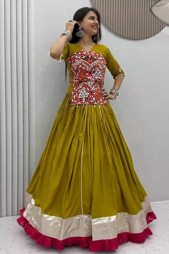 Mahendi Gamthi work And Mirror work Cotton Navratri Lahenga Choli Set