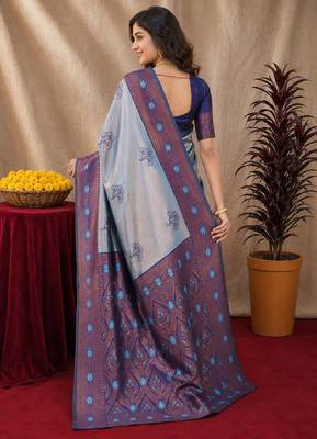 Blue rama art silk blend banarasi jacquard motif work saree with unstitched blouse piece 3