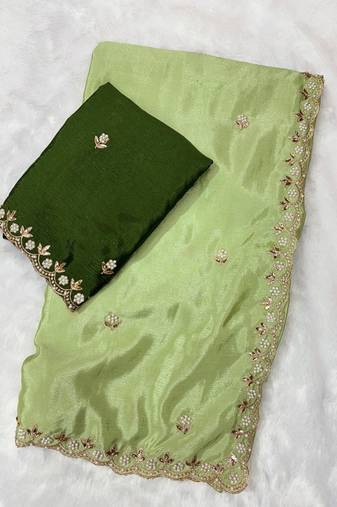 Pista zari embroidery work crunchy saree with blouse