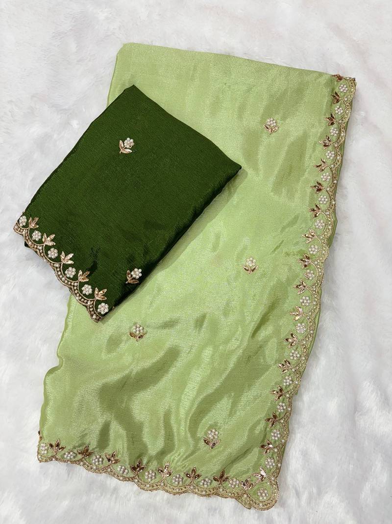 Pista zari embroidery work crunchy saree with blouse