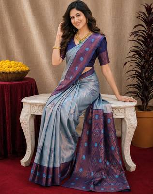 Blue rama art silk blend banarasi jacquard motif work saree with unstitched blouse piece 4