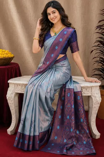 Blue rama art silk blend banarasi jacquard motif work saree with unstitched blouse piece
