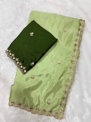 Pista zari embroidery work crunchy saree with blouse 3