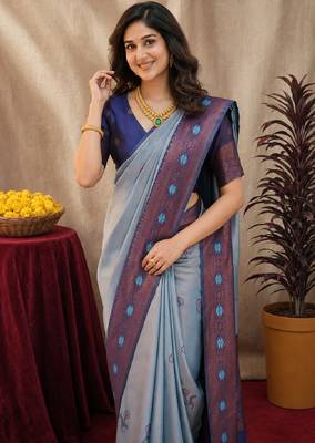 Blue rama art silk blend banarasi jacquard motif work saree with unstitched blouse piece 5