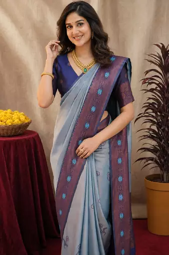 Blue rama art silk blend banarasi jacquard motif work saree with unstitched blouse piece