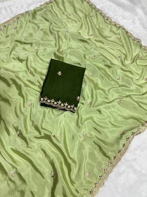 Pista zari embroidery work crunchy saree with blouse 4