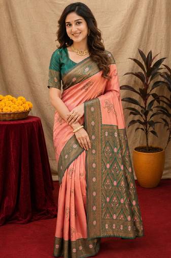 Green gajri art silk blend banarasi jacquard motif work saree with unstitched blouse piece