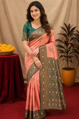 Green gajri art silk blend banarasi jacquard motif work saree with unstitched blouse piece