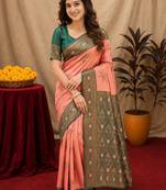 Green gajri art silk blend banarasi jacquard motif work saree with unstitched blouse piece