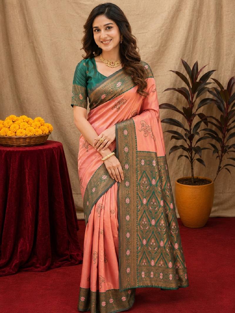 Green gajri art silk blend banarasi jacquard motif work saree with unstitched blouse piece