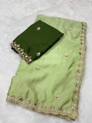 Pista zari embroidery work crunchy saree with blouse 5