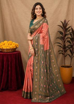 Green gajri art silk blend banarasi jacquard motif work saree with unstitched blouse piece 2