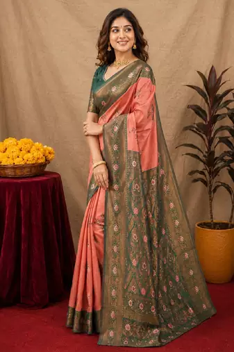 Green gajri art silk blend banarasi jacquard motif work saree with unstitched blouse piece