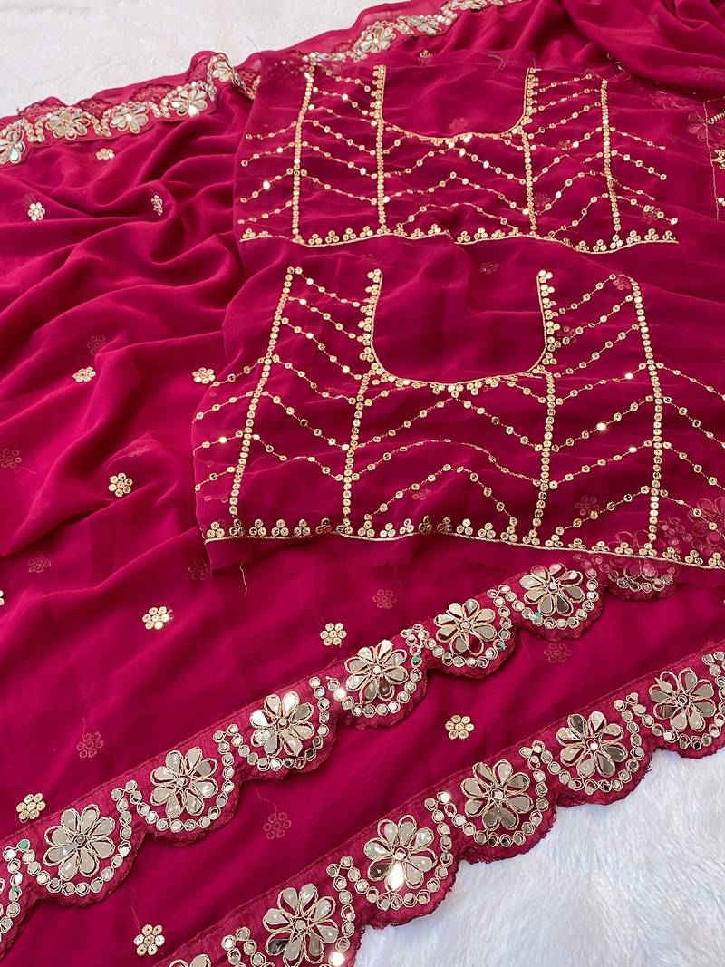 Cherry mirror & embroidery work georgette saree with blouse