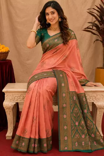 Green gajri art silk blend banarasi jacquard motif work saree with unstitched blouse piece