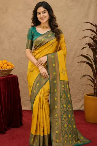 Green gold art silk blend banarasi jacquard motif work saree with unstitched blouse piece