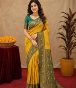 Green gold art silk blend banarasi jacquard motif work saree with unstitched blouse piece