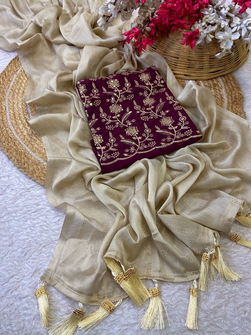 Chikoo foil work moss chiffon saree with blouse