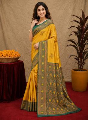 Green gold art silk blend banarasi jacquard motif work saree with unstitched blouse piece 2