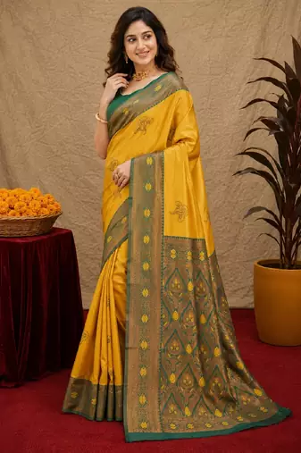 Green gold art silk blend banarasi jacquard motif work saree with unstitched blouse piece
