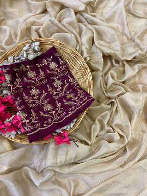 Chikoo foil work moss chiffon saree with blouse 2