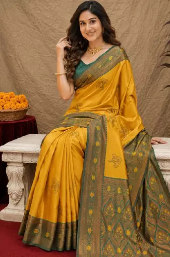 Green gold art silk blend banarasi jacquard motif work saree with unstitched blouse piece
