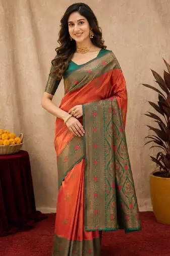 Green orange art silk blend banarasi jacquard motif work saree with unstitched blouse piece