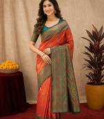 Green orange art silk blend banarasi jacquard motif work saree with unstitched blouse piece