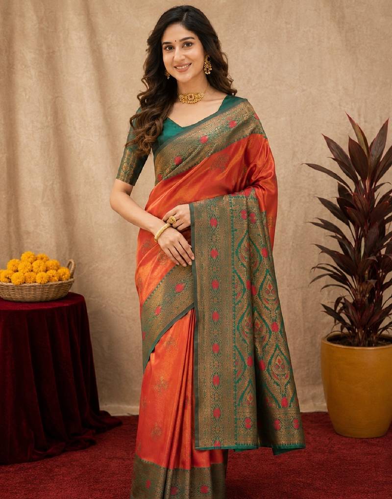 Green orange art silk blend banarasi jacquard motif work saree with unstitched blouse piece