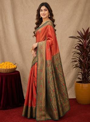 Green orange art silk blend banarasi jacquard motif work saree with unstitched blouse piece 2