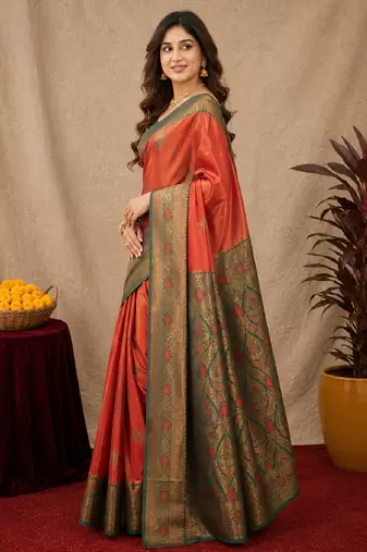 Green orange art silk blend banarasi jacquard motif work saree with unstitched blouse piece