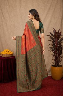 Green orange art silk blend banarasi jacquard motif work saree with unstitched blouse piece 3