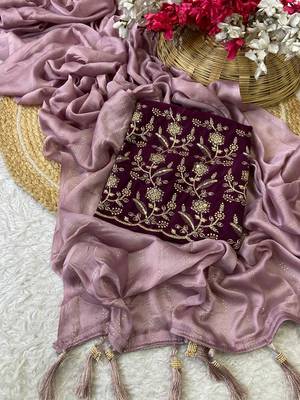 Lavender foil work moss chiffon saree with blouse 2