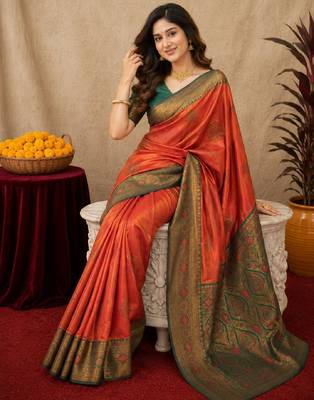 Green orange art silk blend banarasi jacquard motif work saree with unstitched blouse piece 4