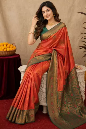 Green orange art silk blend banarasi jacquard motif work saree with unstitched blouse piece