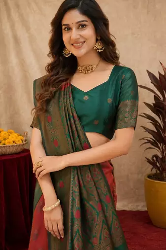 Green orange art silk blend banarasi jacquard motif work saree with unstitched blouse piece