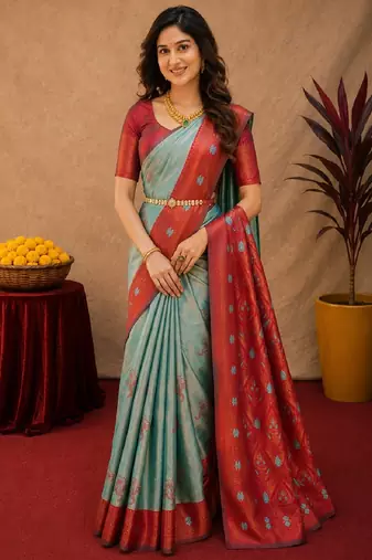 Red rama art silk blend banarasi jacquard motif work saree with unstitched blouse piece