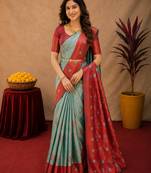 Red rama art silk blend banarasi jacquard motif work saree with unstitched blouse piece