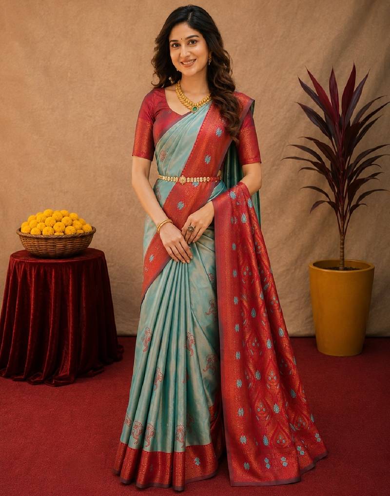 Red rama art silk blend banarasi jacquard motif work saree with unstitched blouse piece