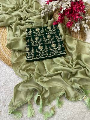 Pista foil work moss chiffon saree with blouse 2