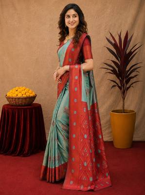 Red rama art silk blend banarasi jacquard motif work saree with unstitched blouse piece 2