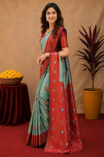 Red rama art silk blend banarasi jacquard motif work saree with unstitched blouse piece