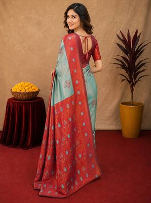 Red rama art silk blend banarasi jacquard motif work saree with unstitched blouse piece 3