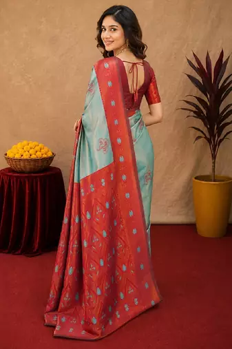Red rama art silk blend banarasi jacquard motif work saree with unstitched blouse piece