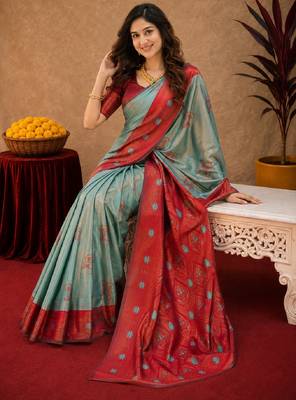 Red rama art silk blend banarasi jacquard motif work saree with unstitched blouse piece 4