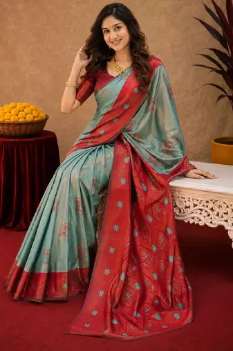 Red rama art silk blend banarasi jacquard motif work saree with unstitched blouse piece